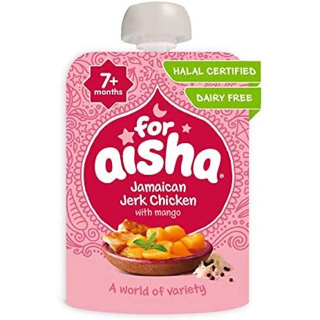For Aisha Jamaican Jerk Chicken Pouch, Pack of 6x130g, from 7 Months +, Halal Baby Food Pouch.